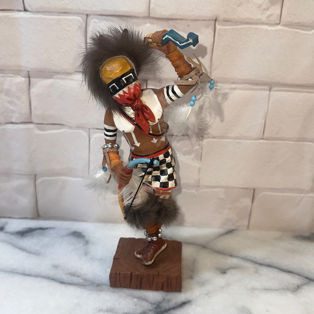 Native American Style Kachina Doll Warrior Figurine Feather Fur Accents 9.5"